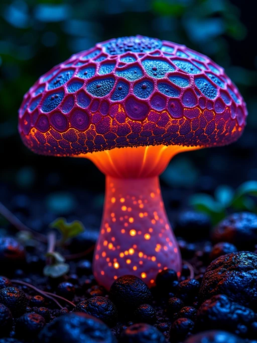 Neon mushroom with intricate skin patterns and trypophobia.