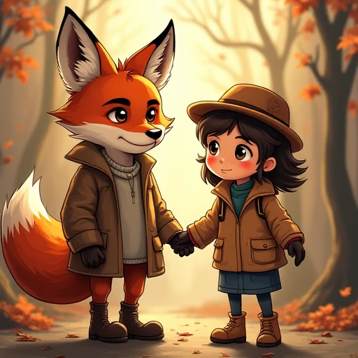 Fox detective with boy and girl, comic style.