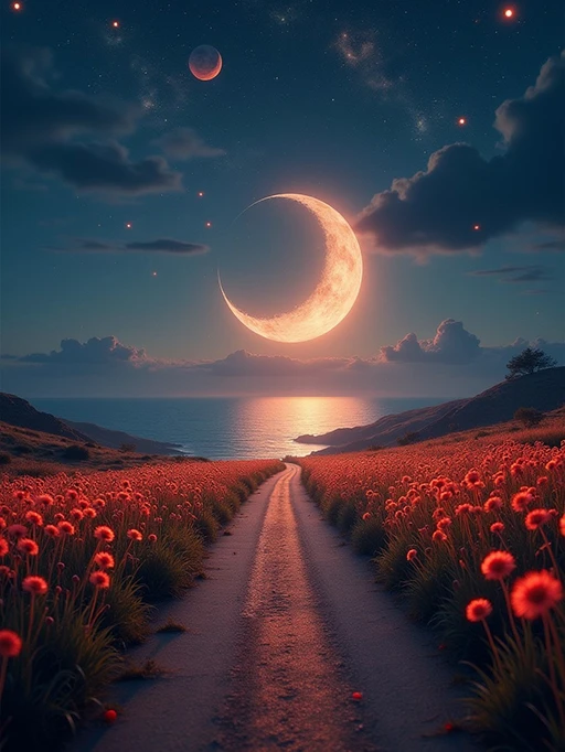 Crescent moon over the sea with red dandelions and stars.