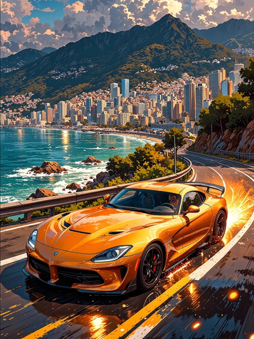 Gold sports car racing along Monaco coastline.