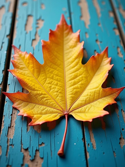 Yellow leaf on weathered blue wood, vibrant detail.