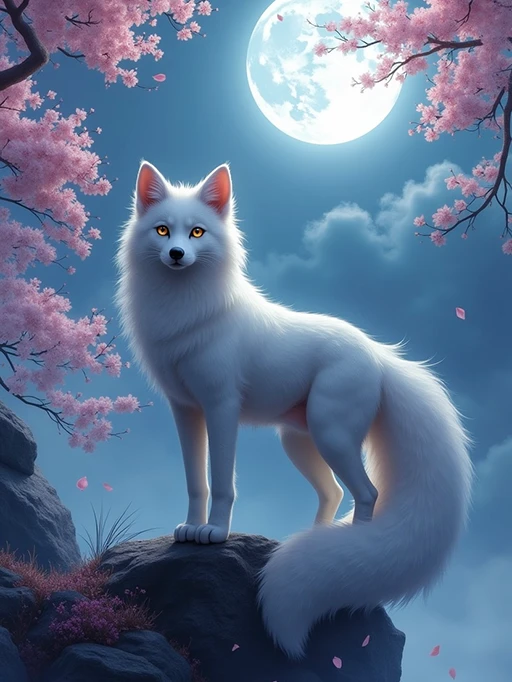 Feral ninetales under cherry blossoms with a full moon and fog.