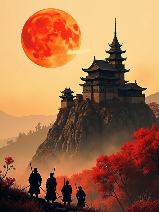 Japanese castle with samurai, sepia-toned ink art.