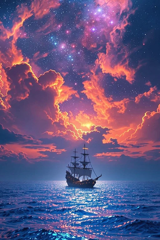 Ship on bioluminescent sea under a vibrant sunset.