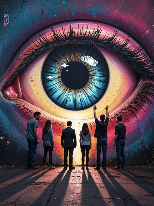 People entering a large eye, graffiti-style painting.