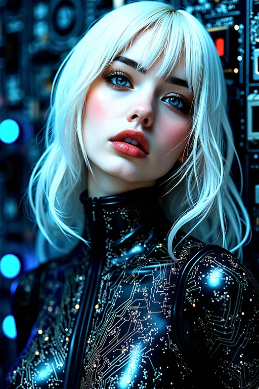 Futuristic woman in glowing circuit-lined armor.
