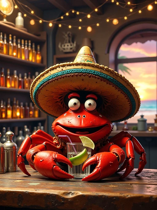 Crab in sombrero with tequila on a bar counter.