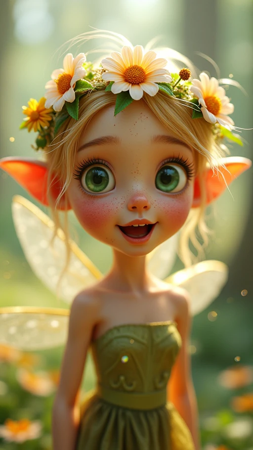 Fairy with wings and flower crown in a forest.