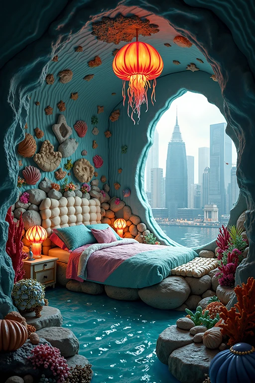 Mermaid-inspired room with seashell bed and city view.