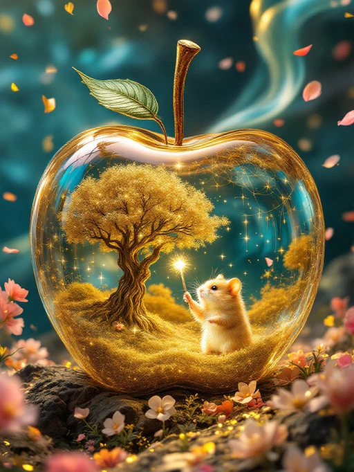Glass apple with golden hamster casting magic.