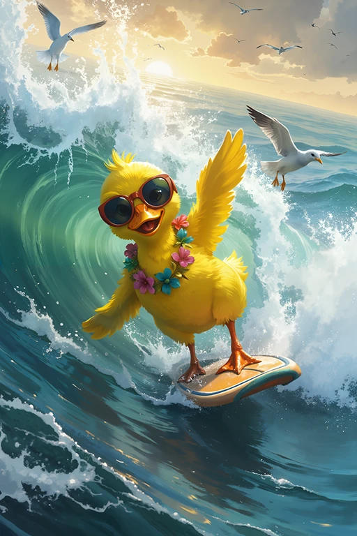 Duck surfing on a wave with seagulls watching.