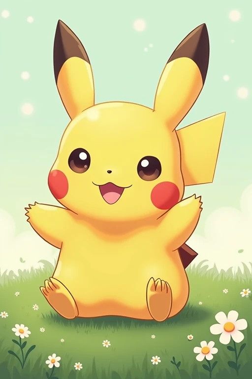 Chubby Pikachu on grass with white flowers.