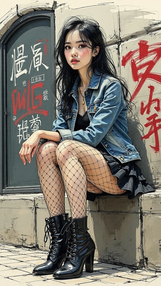 colored sketch in the style of ck-ccd, young Asian woman in a denim jacket, short ruffled skirt, fishnet tights, black high heel boots, sitting in front of a stone wall covered in anime-themed graffiti, long loose hair, outdoors