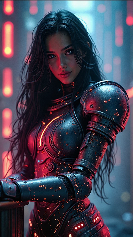 Female warrior in glowing armor in digital nexus.