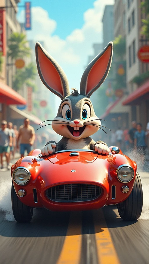Bugs Bunny driving a toy car on a busy street.