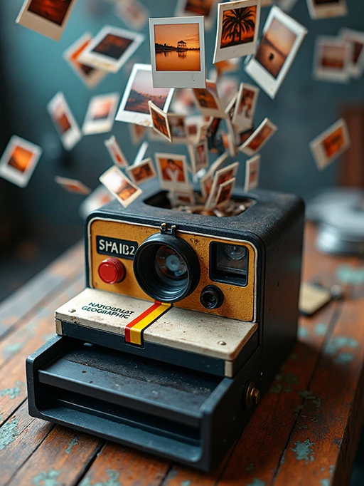 Machine generating floating polaroid photos, realistic style.