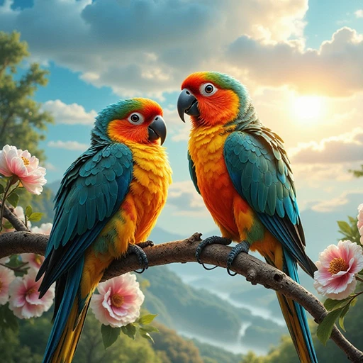 Two parakeets on a flowering branch with a sunrise sky.